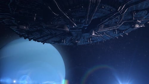 Futuristic Spaceship Flying Past Gas Giant Planet