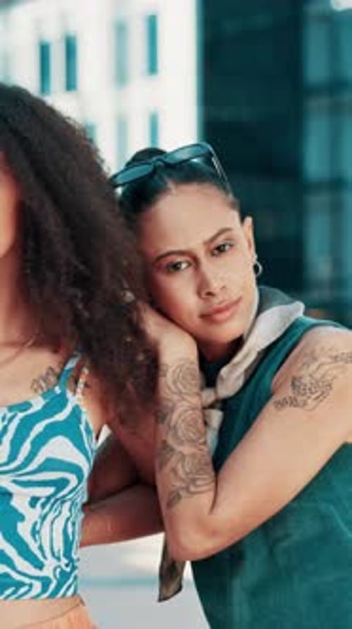 Face, people and friends for fashion in city with streetwear, edgy clothes