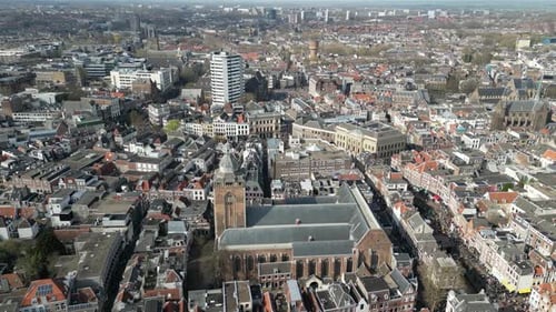Flight over Utrecht city center in Netherlands