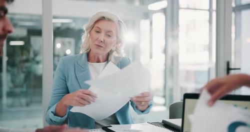 Documents, healthcare and medical people in boardroom of hospital for meeting, planning or research