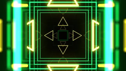 Green And Yellow Neon Cyber Tunnel With Geometric Light Shapes Background Vj Loop In 4K