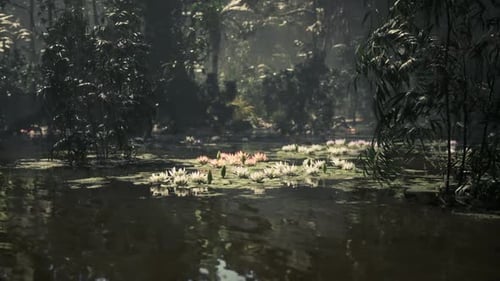 Lush Jungle Landscape in Vietnam Featuring Serene Water Lilies at Dawn