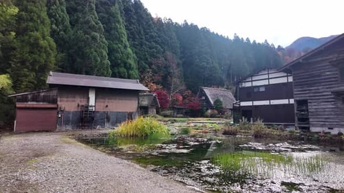 Shirakawa Go Village mit Bauernhäusern im Gassho-Stil in Herbstfarben in Japan
