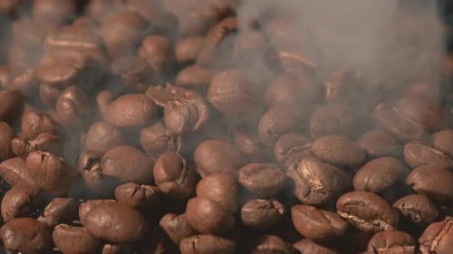 Slow motion of roasted coffee beans falling.
