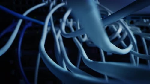 Close-up Macro Shot: Ethernet Cables Connected to Router Ports. Telecommunications: RJ45 Device Con