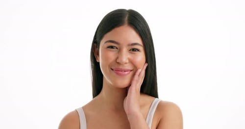 Beauty, smile and face with woman in studio for skincare, aesthetic and collagen glow