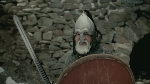 Portrait of Armored Medieval Knight Standing against Stone Fortress