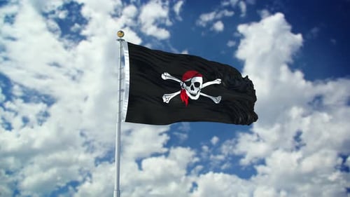 Realistic Pirate Flag Waving on a Clear Sky Background