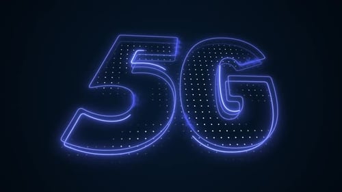 Neonblaues 5G-Internetsymbol für mobile Daten, 3D-Hintergrund mit beweglicher Gliederung