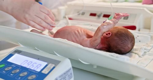 Newborn Infant Being Weighed in Hospital