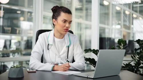 Latin Female Doctor Talk with Patient Make Telemedicine Online Web Cam View