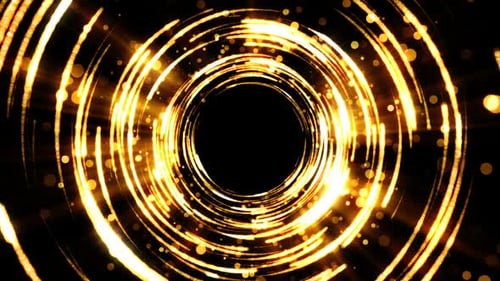 Fundo de férias para celebração. Túnel de partículas e anéis dourados. Vórtice de glamour