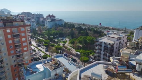 Aerial Video Urban Design Along the Mediterranean With Beautiful Beachfront and Clear Blue Skies