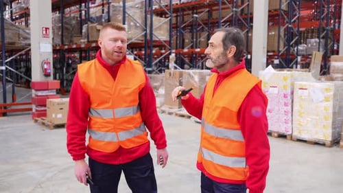 Warehouse Workers Discussing Logistics and Inventory Management