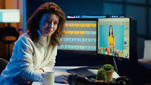 Woman Smiles in her Digital Design Studio