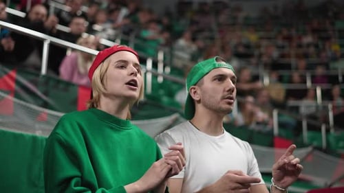 Upset fans loss betting sport arena. Frustrated sad person. Woman angry swear.