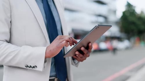 Business man, hands and tablet urban city for planning project, reading news app