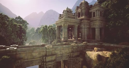 Historic Temple Ruins Amidst Lush Greenery in a Mountainous Landscape