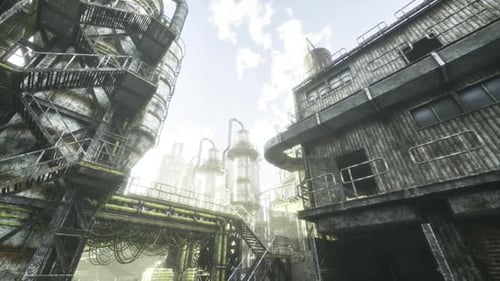 Bright Factory Entrance Featuring Large Pipes and Reflective Surfaces