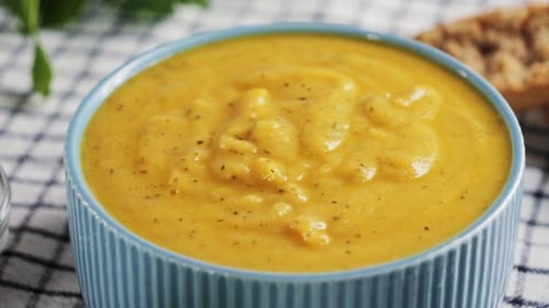 Close-up of creamy squash soup in a bowl