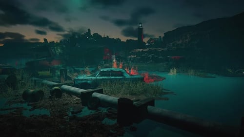 Night view of abandoned cars, boats, and barrels scattered in a flooded wasteland near dark cliffs,