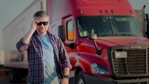 Professional Truck Driver Approaches His Red Truck and Behind Him Parked Long Haul SemiTruck