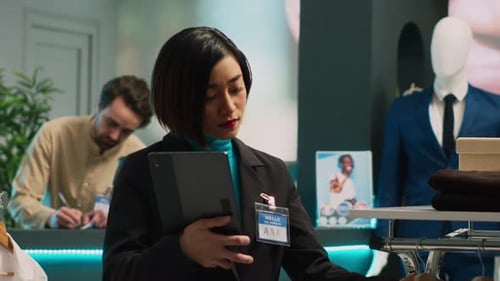 Asian Employee Checking Clothes Inventory on Tablet