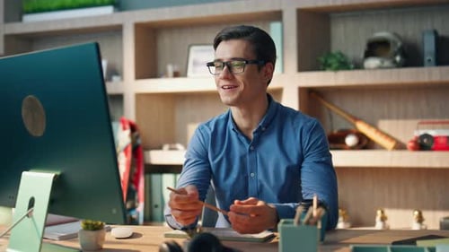 Confident Man Talking Virtual Call Modern Office Closeup Freelancer Gesturing