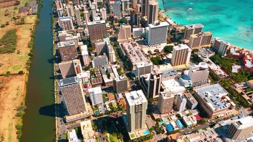 Panorama of modern urban landscape of Waikiki resort in Honolulu, Hawaii, USA.