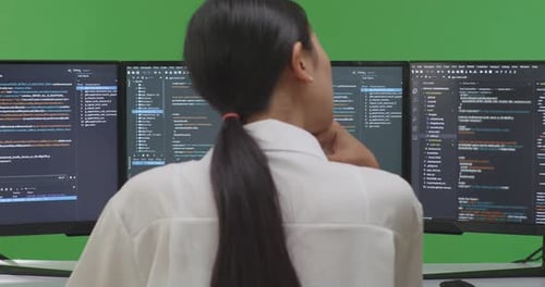 Developer Thinking While Write Code With Multiple Computer Screens In Green Screen Studio