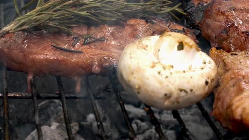Succulent Pork Steak with Champignons Grilling to Perfection on Hot Coals