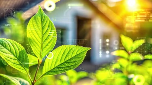 Green Leaves Growing Near an Ecofriendly House and Virtual Data