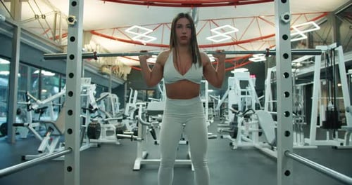 Front View of Girl in White Sports Uniform Doing Squats with Barbell During Her Workout in White Gym