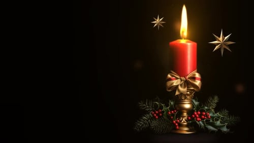 Animated Christmas Candle with Golden Bow and Holly