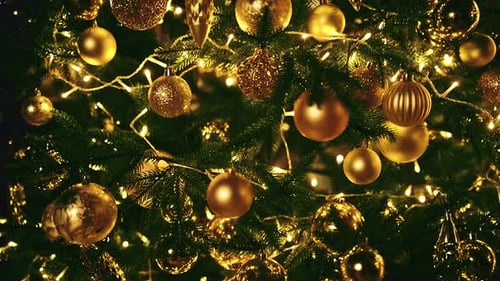 Golden Ornaments and Twinkling Lights on Christmas Tree