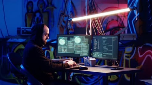 Hacker habilidoso implantando malware em computadores de vítimas inconscientes