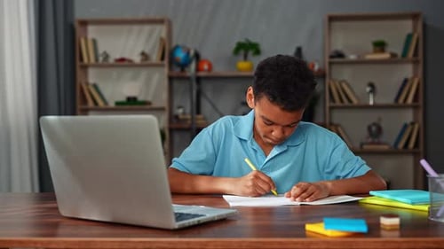 Young African American Child Boy Studying at Home Kid Sits at Desk Attends School Class Online on