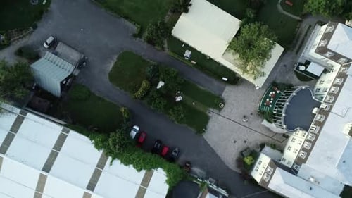 Drone aerial 4K shot of a Wedding area perfectly prepared for the celebration. Events place.