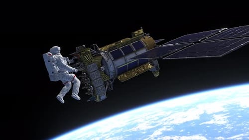 Astronaut Repairs Satellite in Earth Orbit with Planet Background