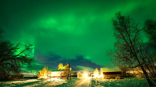 Timelapse of green northern lights in starry sky in winter over houses in Norway