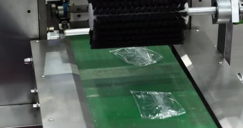 Plastic Sachets Moving on Conveyor During Automated Packaging Process