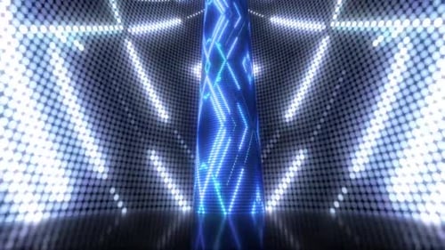 Los patrones dinámicos de luz azul pulsan en un espacio abstracto futurista