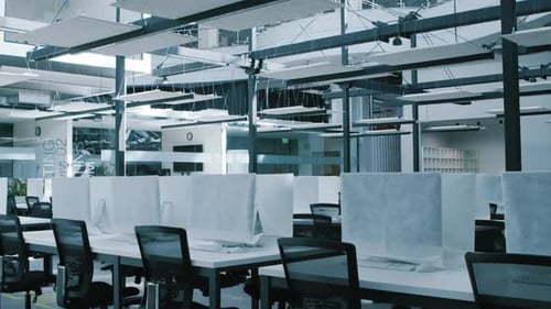 Big Modern Office with Covered Computers Closed Due to Quarantine