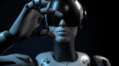 Futuristic Robot Hand Interacting with Virtual Reality Display