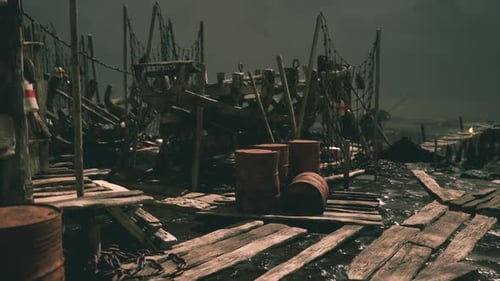 Abandoned Fishing Pier at Night with Barrels and Broken Structures