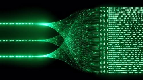 Analisando e visualizando inteligência artificial na tela virtual. Conceito de fluxo de dados de IA. Voltar