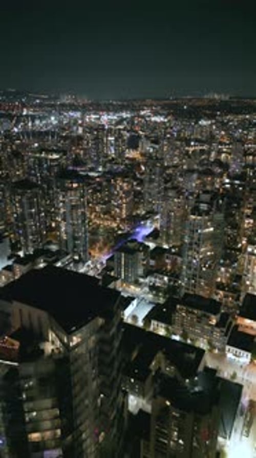 Aerial View on Downtown of Vancouver at Night Canada Vertical Video
