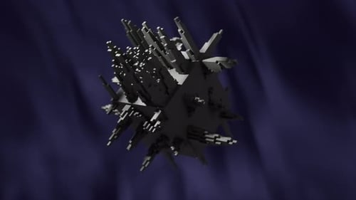 Pixelated Grey Cube Structure Rotating and Evolving Revealing Intricate Geometric Details Against