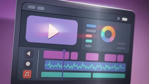 Detailed close-up of animated video editing software interface with vibrant waveforms