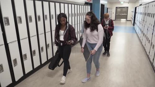 Slow Motion School Corridor Phone Chat